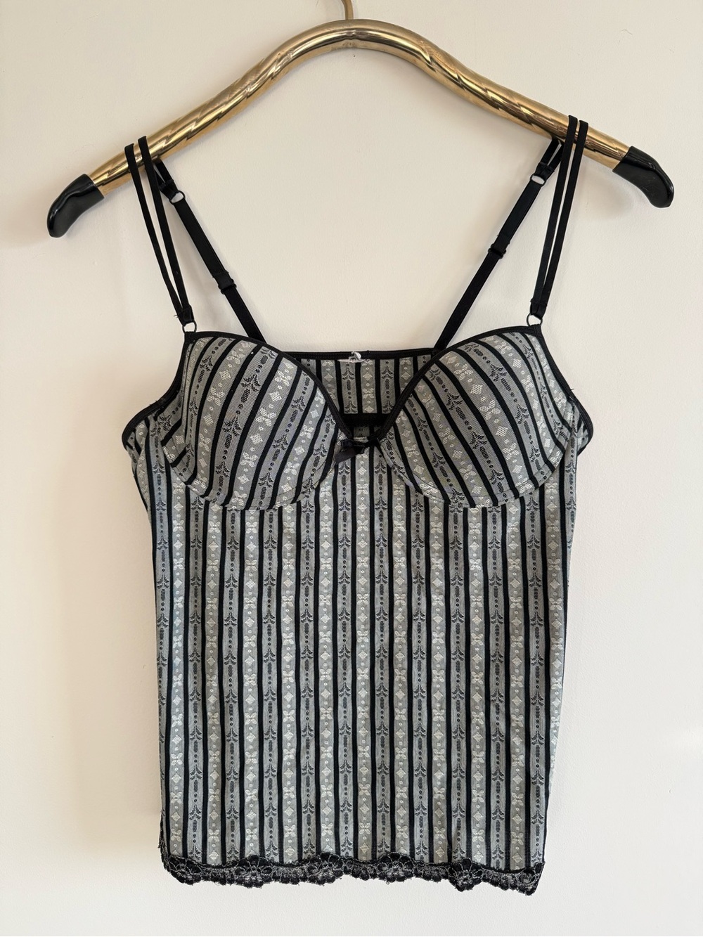 Vintage Y2K Black Silver Jacquard Bustier Cami Lace Lingerie Top